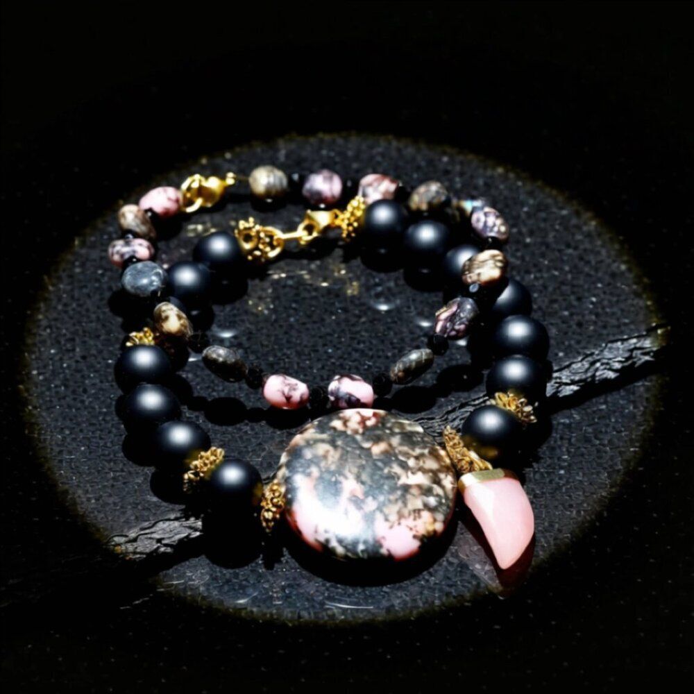2x Rhodonite Stack Bracelet Set! Statement Bracelet Set 7.5" ~ Pink & Black!